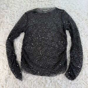 Sans Souci Womens Black Sequin Mesh Long Sleeve Top Sheer Party Blouse Small Y2K